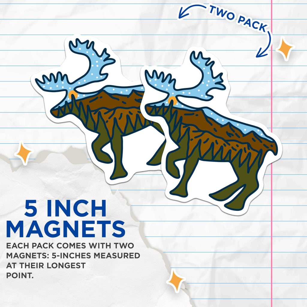 (2 Pack) Moose Magnets - Mountain Landscape - Refrigerator Decor - 5" On Longest Side - Premium Magnet - for Cars, Refrigerators, Toolboxes, Lockers - Made in USA - MAG17692