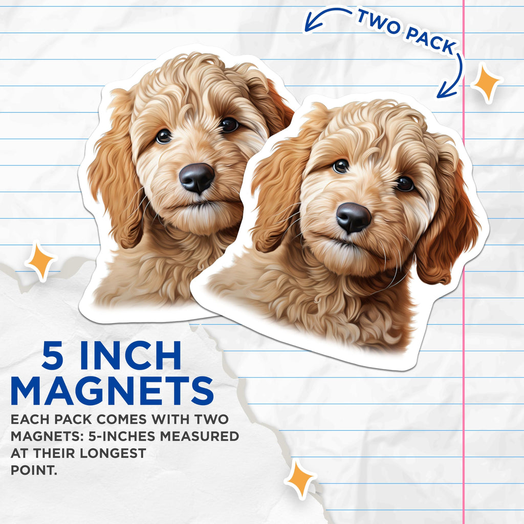 (2 Pack) Goldendoodle Puppy Magnets - Cute Dog Lover Decor - Pet Parent Refrigerator Accessory - 5 Inches On Longest Side - Thick Durable Magnet - Made in USA - MAG30267