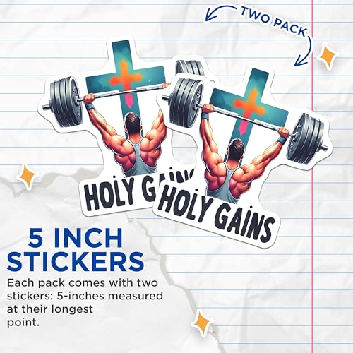 (2 Pack) Holy Gains Stickers - Fitness Motivation - Gym Workout - 5" On Longest Side - Sticks to Smooth Flat Surfaces - Made in USA - BMCS9646