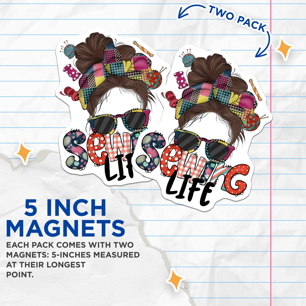 (2 Pack) Sewing Life Messy Bun Magnets - Crafter Enthusiast - Seamstress Decor for Hobby Room - 5 Inches On Longest Side - Thick Durable Magnet - Made in USA - MAG37595