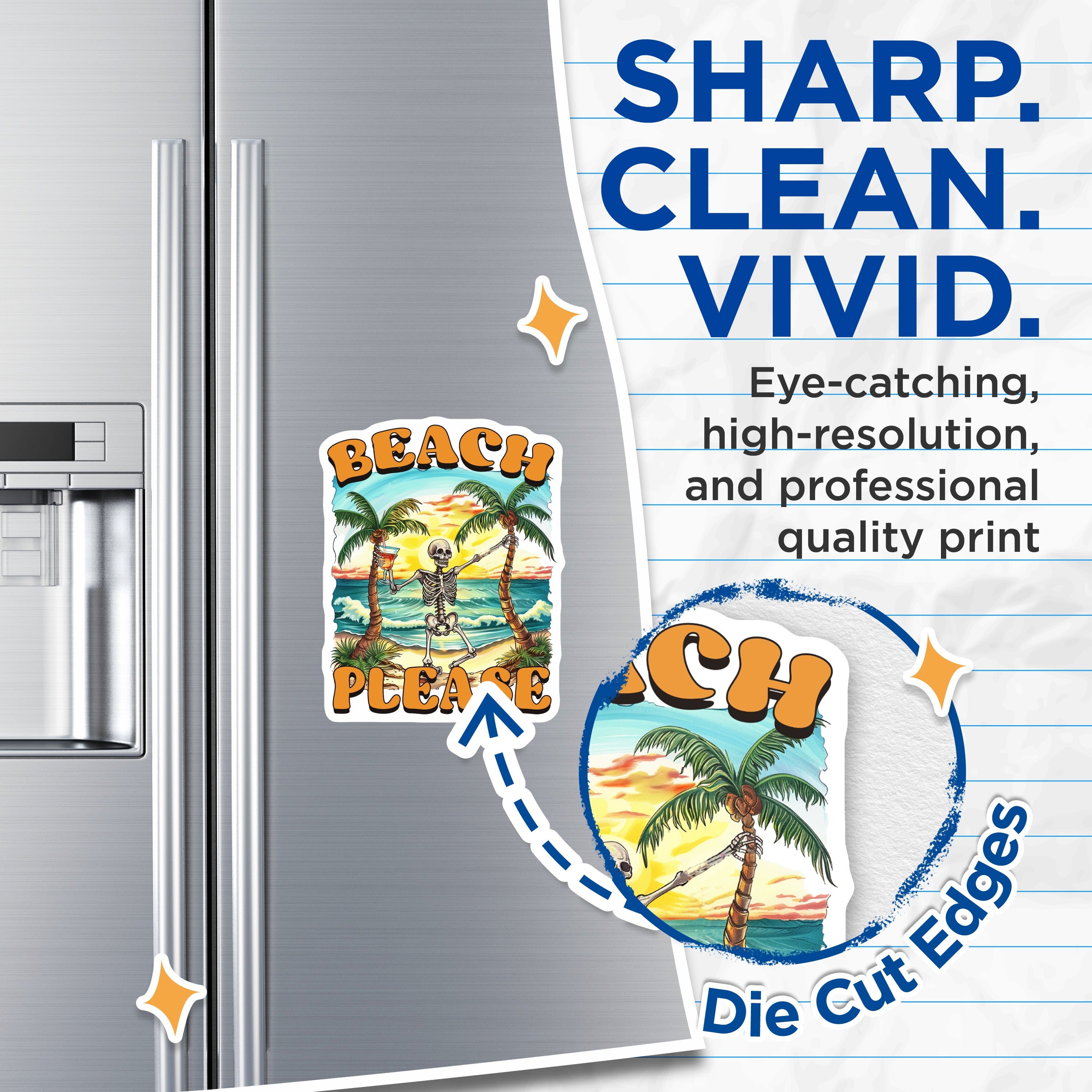(2 Pack) Beach Please Skeleton Magnets - Retro Summer Vacation Vibes - Sarcastic Tropical Decor - Humorous Fridge Accessory - 5 Inches On Longest Side - Thick Durable Magnet - Made in USA - MAG38198