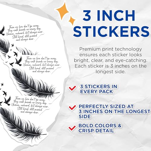 (3 Pack) Remembrance Decals - Memorial Birds Feather - Sympathy Quote Stickers - 3 Inches On Longest Side - Easy Peel & Apply - Made in USA - 3MCS6321