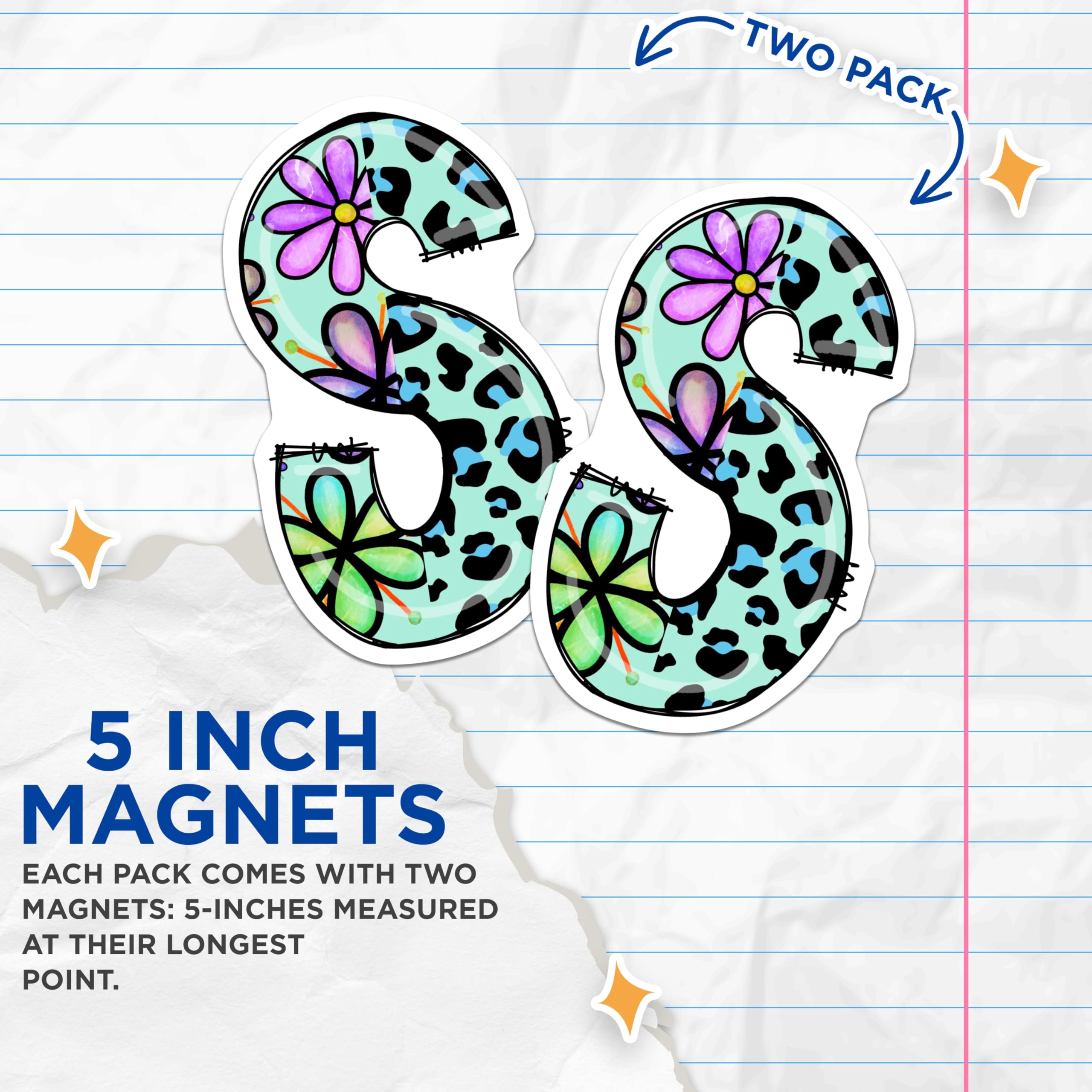 (2 Pack) Letter S Magnets - Leopard Print - Floral Initial Magnets - 5" On Longest Side - Premium Magnet - for Cars, Refrigerators, Toolboxes, Lockers - Made in USA - MAG14587