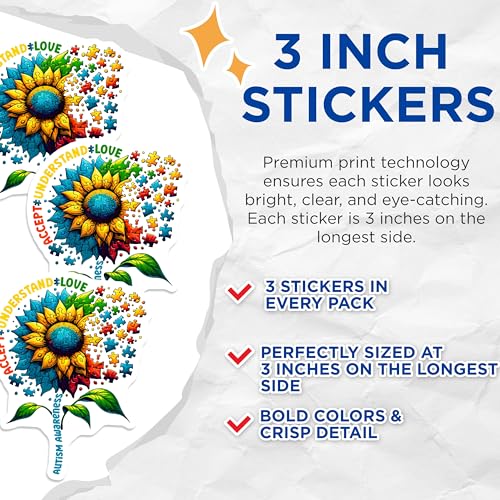 (3 Pack) Autism Awareness Decals - Sunflower Puzzle Piece - Accept Understand Love - 3 Inches On Longest Side - Easy Peel & Apply - Made in USA - 3MCS2350