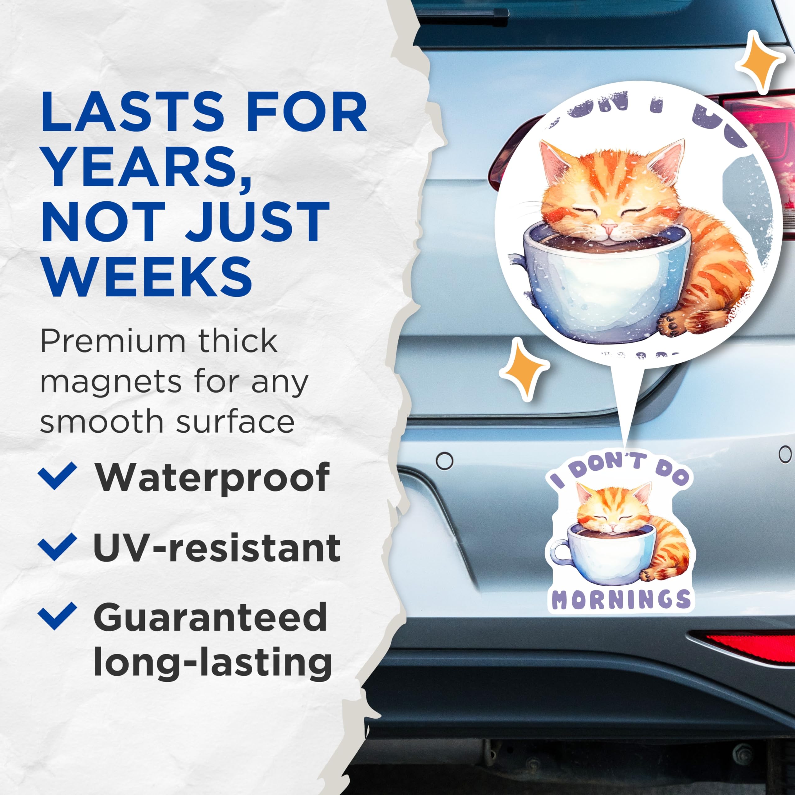 (2 Pack) Cat in Cup Magnets - Funny Cat Lover - I Dont Do Mornings Kitten Magnets - 5" On Longest Side - Premium Magnet - for Cars, Refrigerators, Toolboxes, Lockers - Made in USA - MAG15724