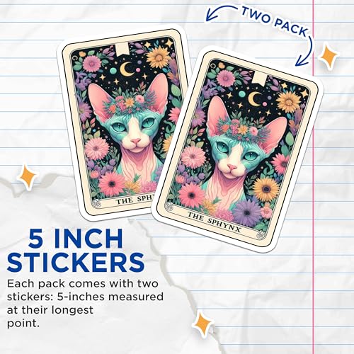 (2 Pack) The Sphynx Tarot Stickers - Unique Cat Floral Stickers - Mystic Moon Star Stickers - 5" On Longest Side - Sticks to Smooth Flat Surfaces - Made in USA - BMCS5319