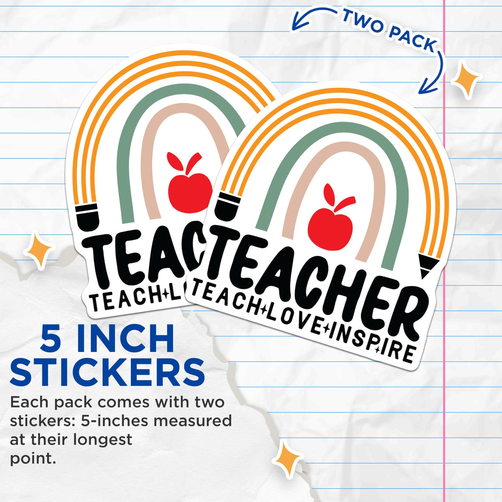 (2 Pack) Teacher Appreciation Stickers - Teach Love Inspire Stickers - Rainbow Apple Stickers for Planners - 5" On Longest Side - Sticks to Any Smooth Flat Surface - Made in USA - BMCS3106