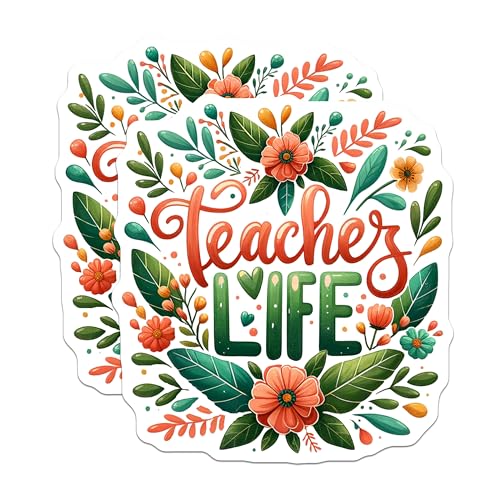 (2 Pack) Teacher Life Stickers - Floral Teacher Stickers - Inspirational Teacher Stickers - 5" On Longest Side - Sticks to Smooth Flat Surfaces - Made in USA - BMCS4422
