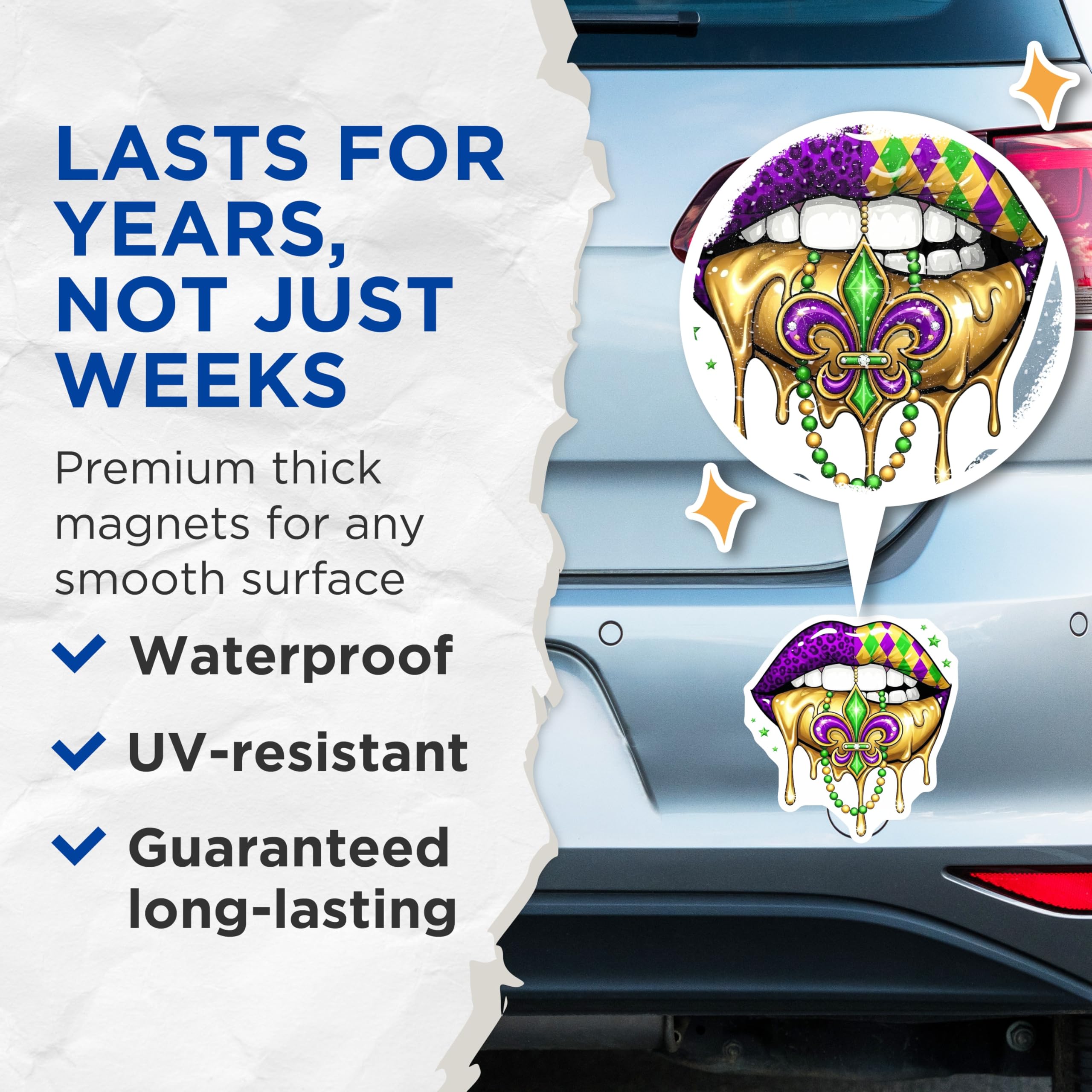 (2 Pack) Mardi Gras Lips Magnets - Fleur De Lis - Carnival Celebration Decor - 5" On Longest Side - Premium Magnet - for Cars, Refrigerators, Toolboxes, Lockers - Made in USA - MAG15173