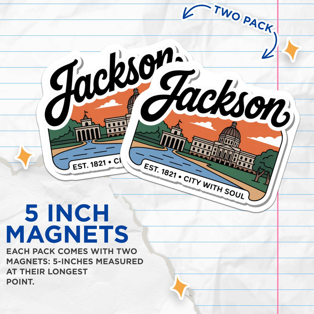 (2 Pack) Jackson Mississippi Magnets - State Capitol Landmark Art - City with Soul Souvenirs - Est 1821 Collectible - 5 Inches On Longest Side - Thick Durable Magnet - Made in USA - MAG19227