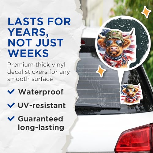 (2 Pack) Patriotic Highland Cow Stickers - American Flag Stickers - Military Hat Stickers - 5" On Longest Side - Sticks to Smooth Flat Surfaces - Made in USA - BMCS6338