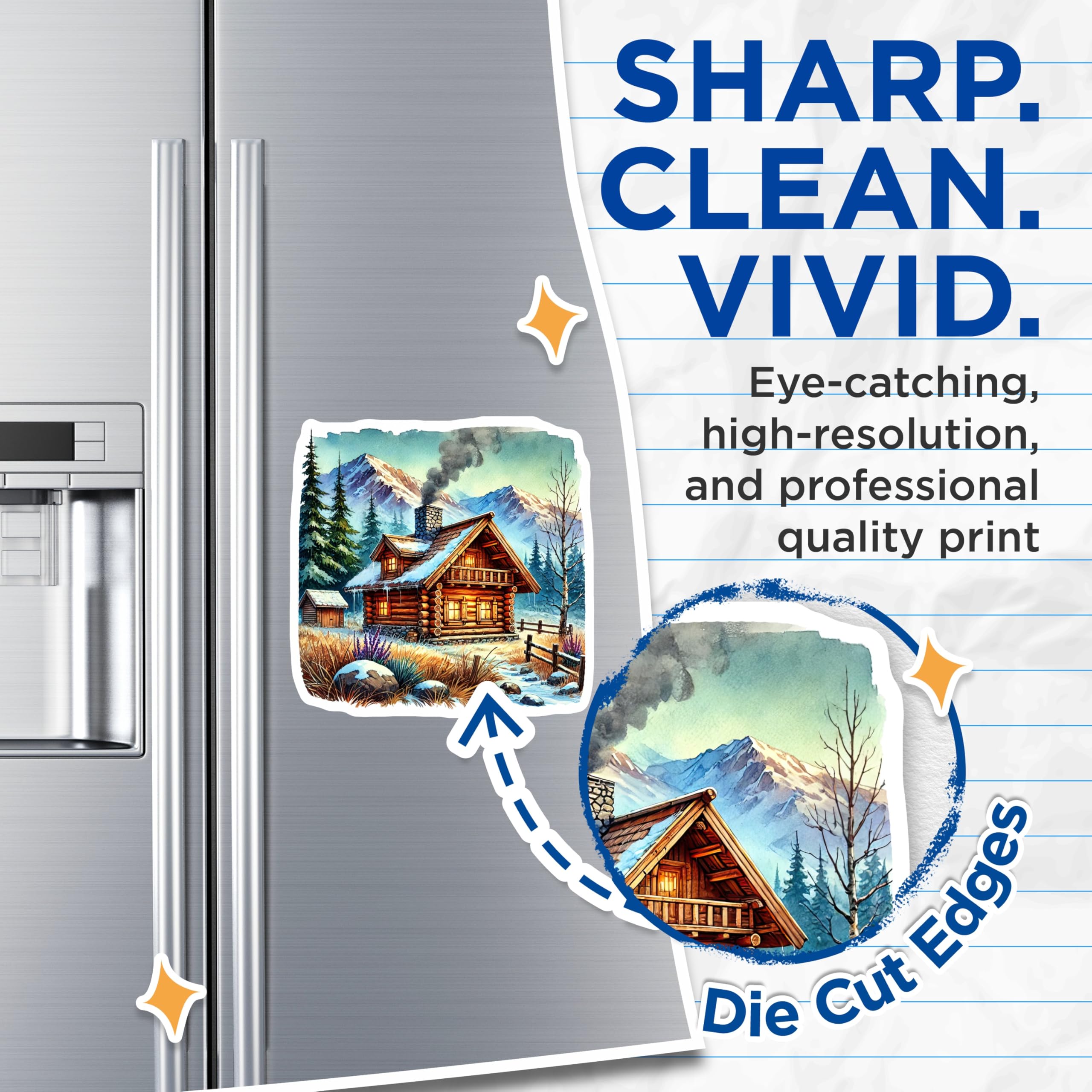 (2 Pack) Log Cabin Magnets - Winter Scenery Refrigerator Magnet - Rustic Home Decoration - 5" On Longest Side - Premium Magnet - for Cars, Refrigerators, Toolboxes, Lockers - Made in USA - MAG17519