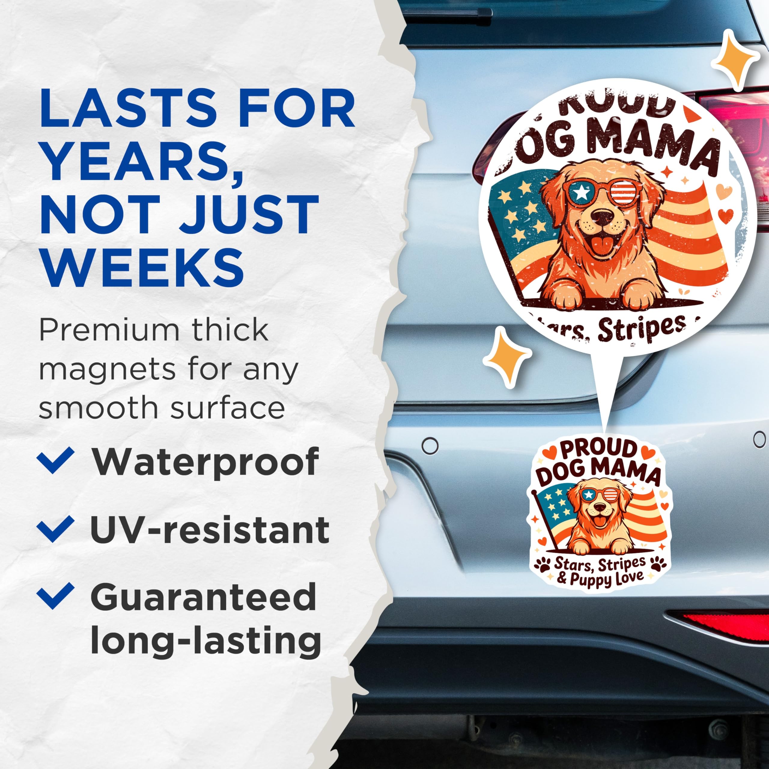 (2 Pack) Proud Dog Mama Magnets - Golden Retriever Dog Lover - Patriotic Independence Day Decor - 5 Inches On Longest Side - Thick Durable Magnet - Made in USA - MAG28856