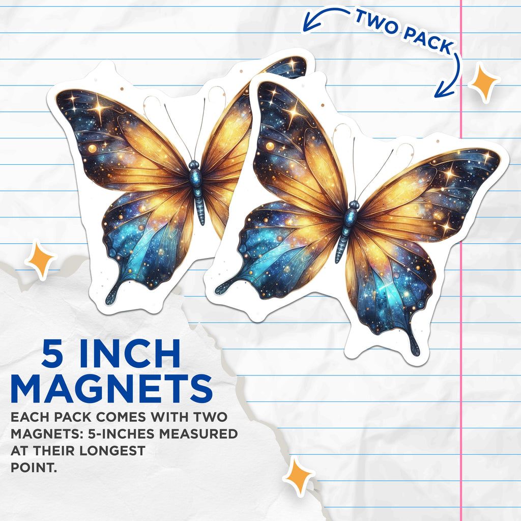 (2 Pack) Galaxy Butterfly Magnets - Celestial Space Art Decor - Ethereal Whimsical Design Fridge Locker - 5 Inches On Longest Side - Thick Durable Magnet - Made in USA - MAG39565