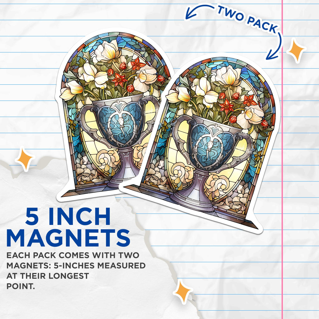 (2 Pack) Stained Glass Floral Magnets - Art Nouveau Vase Decor - Aesthetic Kitchen Organizer for Home - 5 Inches On Longest Side - Thick Durable Magnet - Made in USA - MAG27352
