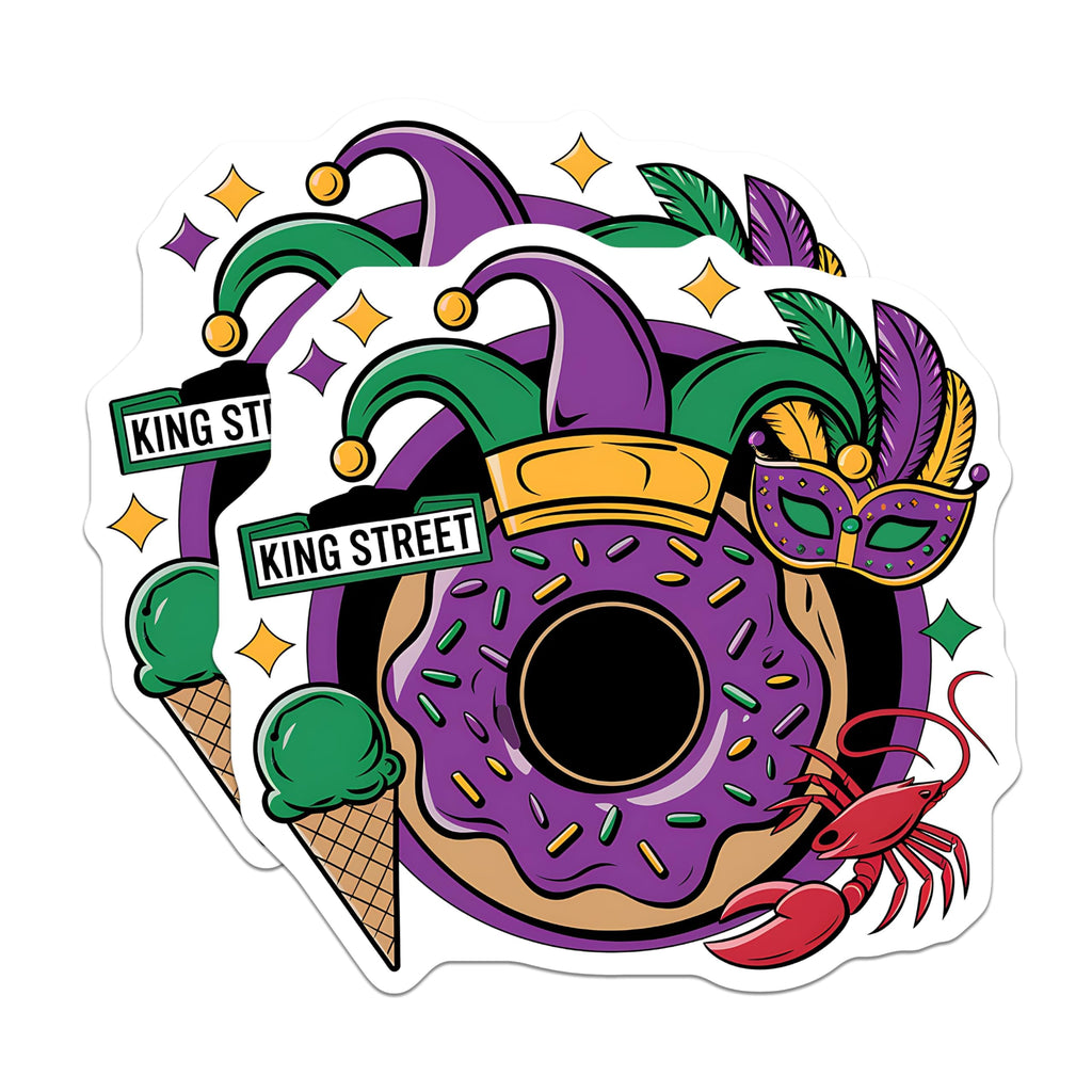 (2 Pack) Mardi Gras Donut Stickers - Louisiana Carnival Celebration - Fun Party Theme Stickers - 5" On Longest Side - Sticks to Smooth Flat Surfaces - Made in USA - BMCS3905