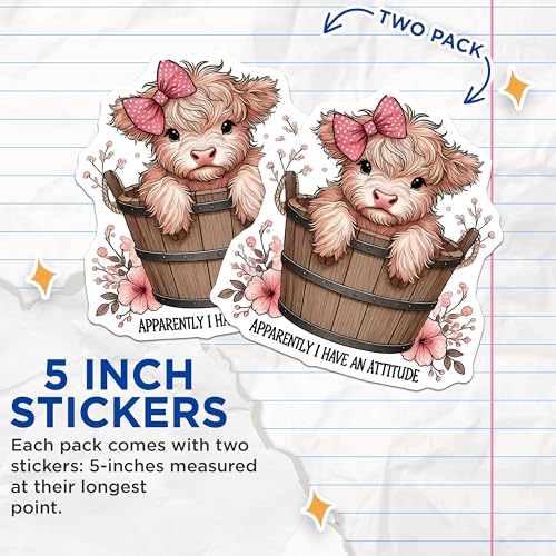 (2 Pack) Cute Cow Stickers - Kawaii Animal Sticker - Adorable Attitude Decals - 5" On Longest Side - Sticks to Smooth Flat Surfaces - Made in USA - BMCS5722