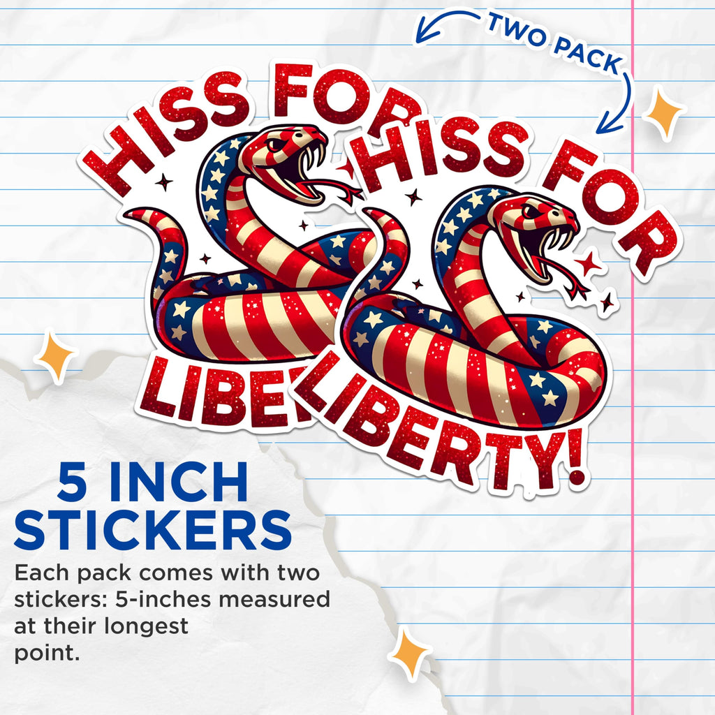 (2 Pack) Hiss for Liberty Stickers - Patriotic Snake Stickers - American Flag Serpent Decal - 5" On Longest Side - Sticks to Any Smooth Flat Surface - Made in USA - BMCS2709