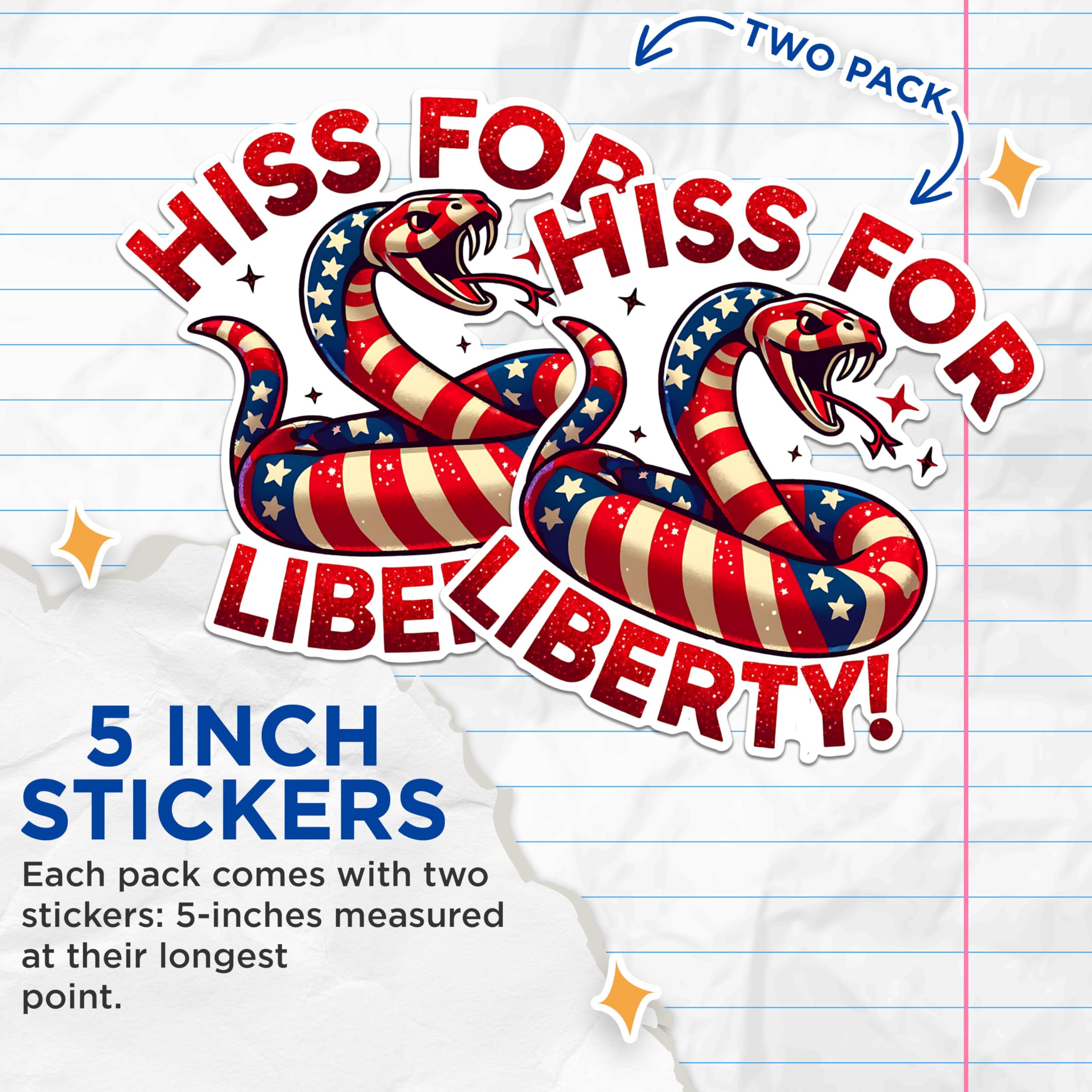 (2 Pack) Hiss for Liberty Stickers - Patriotic Snake Stickers - American Flag Serpent Decal - 5" On Longest Side - Sticks to Any Smooth Flat Surface - Made in USA - BMCS2709