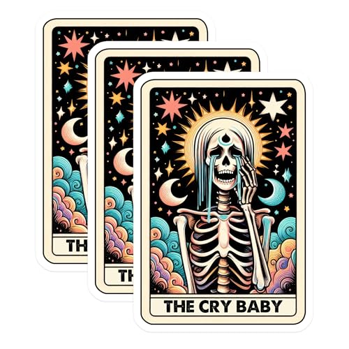(3 Pack) Cry Baby Tarot Decals - Skeleton Tarot Card - Celestial Laptop Decals - 3 Inches On Longest Side - Easy Peel & Apply - Made in USA - 3MCS4143