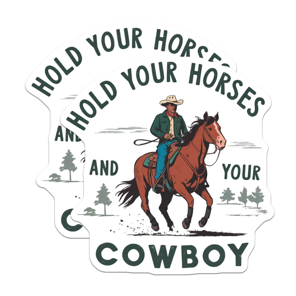 (2 Pack) Cowboy Magnets - Hold Your Horses Saying - Western Ranch Decor - 5 Inches On Longest Side - Thick Durable Magnet - Made in USA - MAG22444