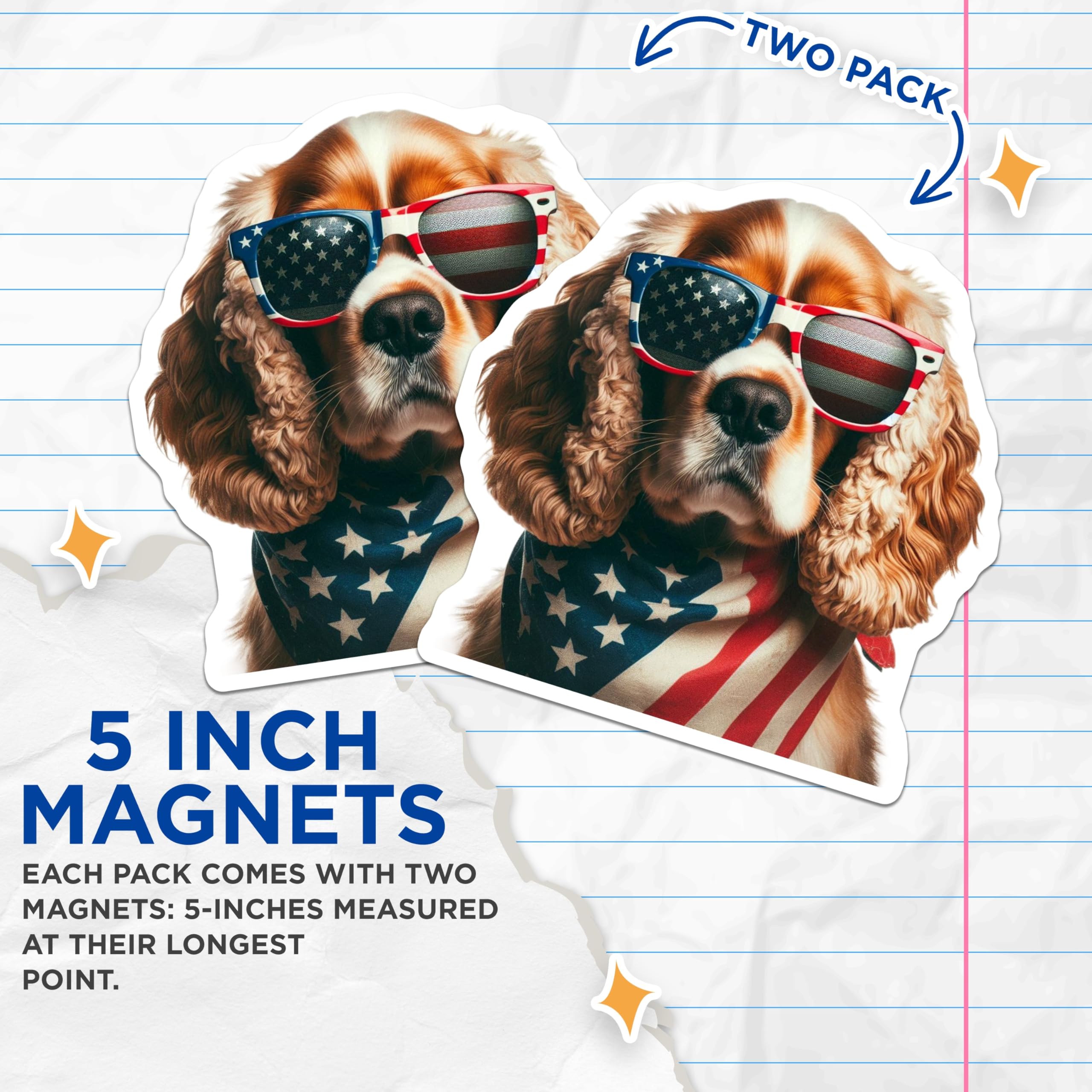 (2 Pack) Cocker Spaniel Magnets - American Flag Sunglasses - Patriotic Dog Accessories - 5" On Longest Side - Premium Magnet - for Cars, Refrigerators, Toolboxes, Lockers - Made in USA - MAG16120