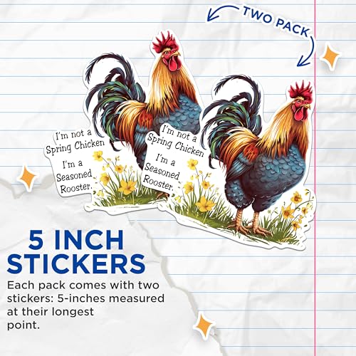 (2 Pack) Funny Rooster Stickers - Farm Animal Humor Stickers - Chicken Lover Sticker - 5" On Longest Side - Sticks to Any Smooth Flat Surface - Made in USA - BMCS2602