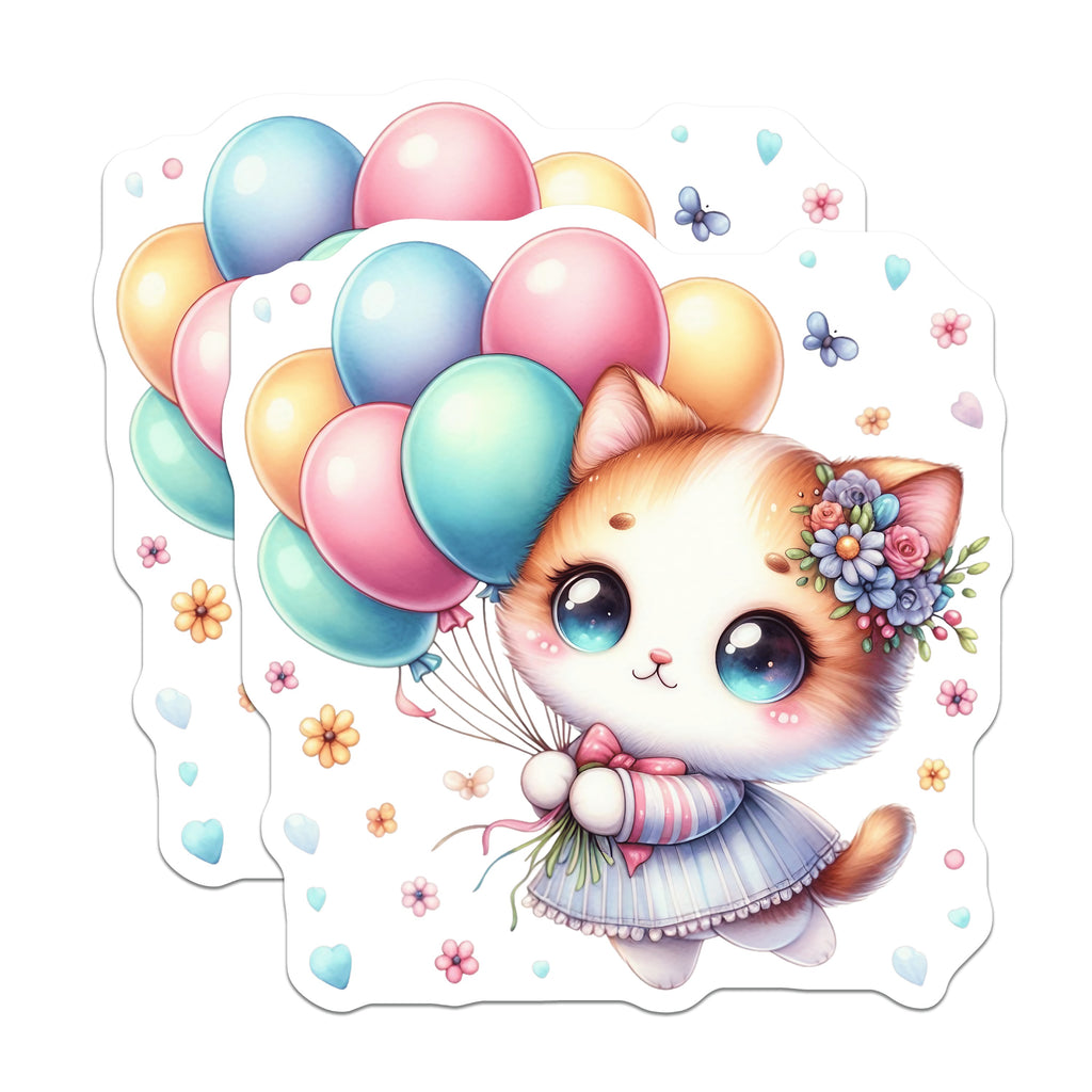 (2 Pack) Kawaii Kitten Balloons Magnets - Cute Cat Decor - Animal Lover Fridge Decor - Chibi Aesthetic Accents - 5 Inches On Longest Side - Thick Durable Magnet - Made in USA - MAG36313