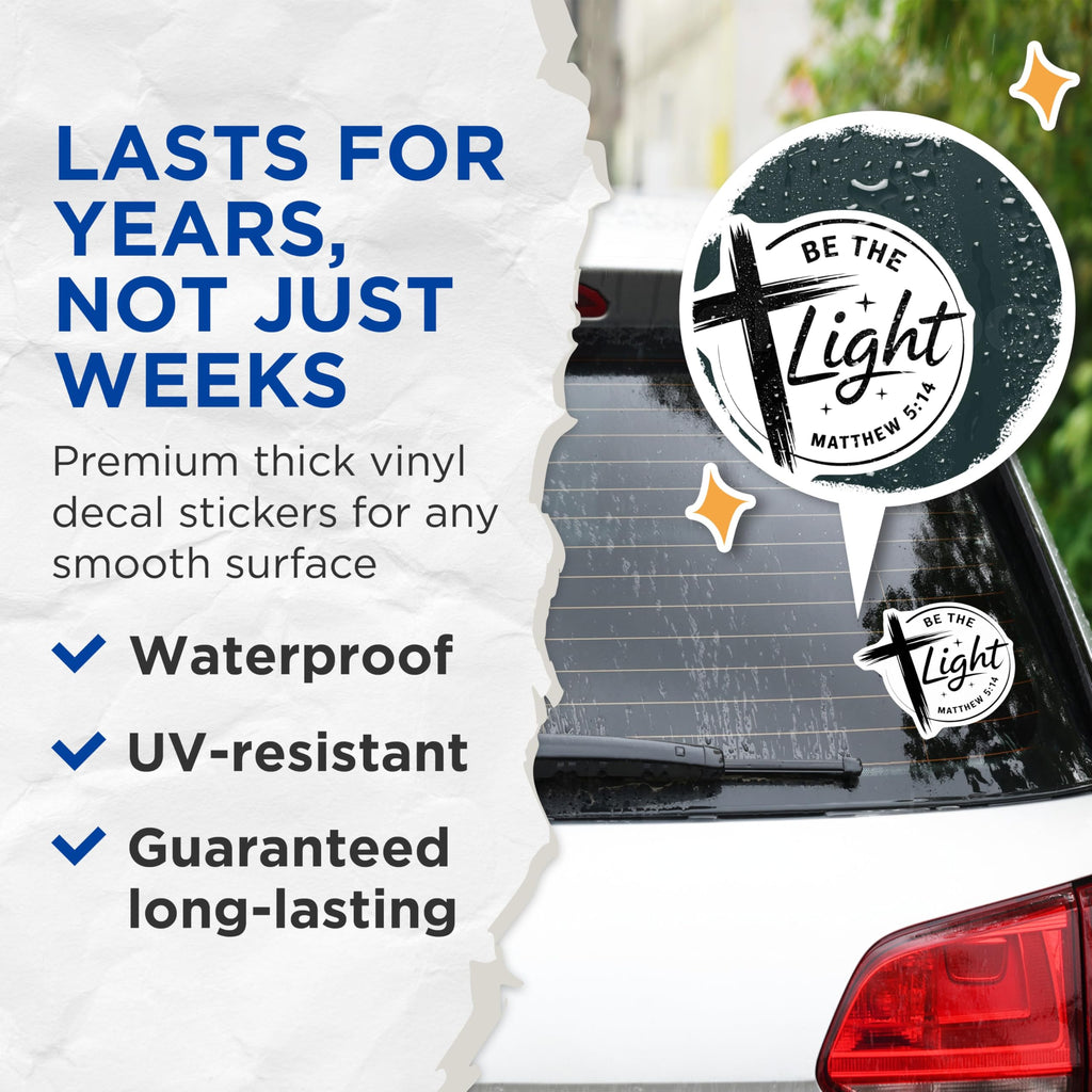 (2 Pack) Be The Light Stickers - Christian Stickers - Matthew 5 14 Stickers - 5" On Longest Side - Sticks to Smooth Flat Surfaces - Made in USA - BMCS14657