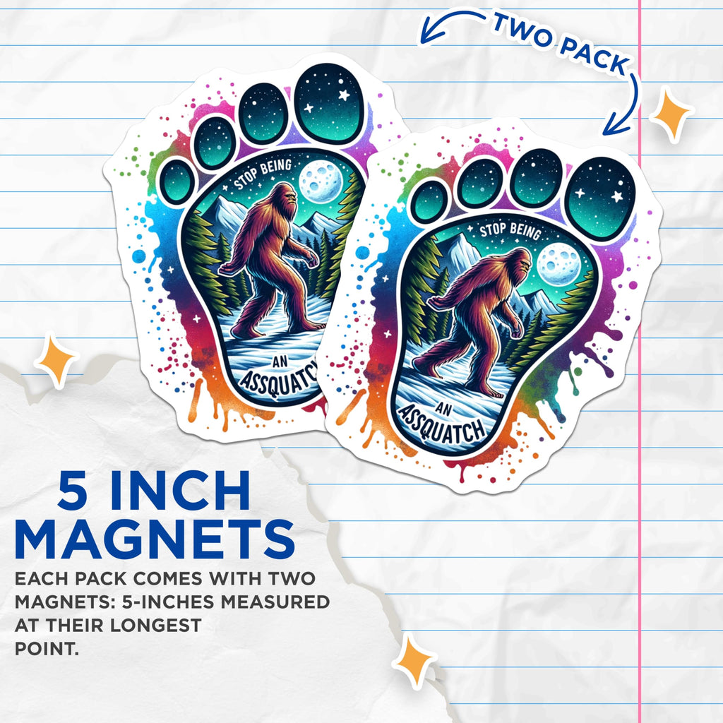 (2 Pack) Bigfoot Assquatch Magnets - Funny Sasquatch Art - Mountain Cryptid Decor and Novelty - 5 Inches On Longest Side - Thick Durable Magnet - Made in USA - MAG21163