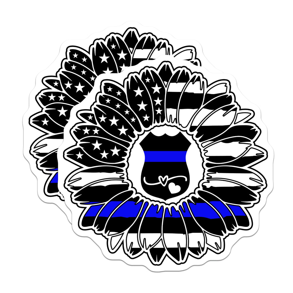 (2 Pack) Thin Blue Line Sunflower Magnets - American Flag Police Badge - Patriotic Law Enforcement Support Decor - 5 Inches On Longest Side - Thick Durable Magnet - Made in USA - MAG21613
