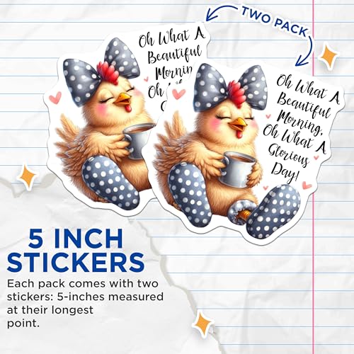 (2 Pack) Quirky Chicken Stickers - Morning Coffee Quotes Stickers - Cute Animal Stickers for Planners - 5" On Longest Side - Sticks to Smooth Flat Surfaces - Made in USA - BMCS4503