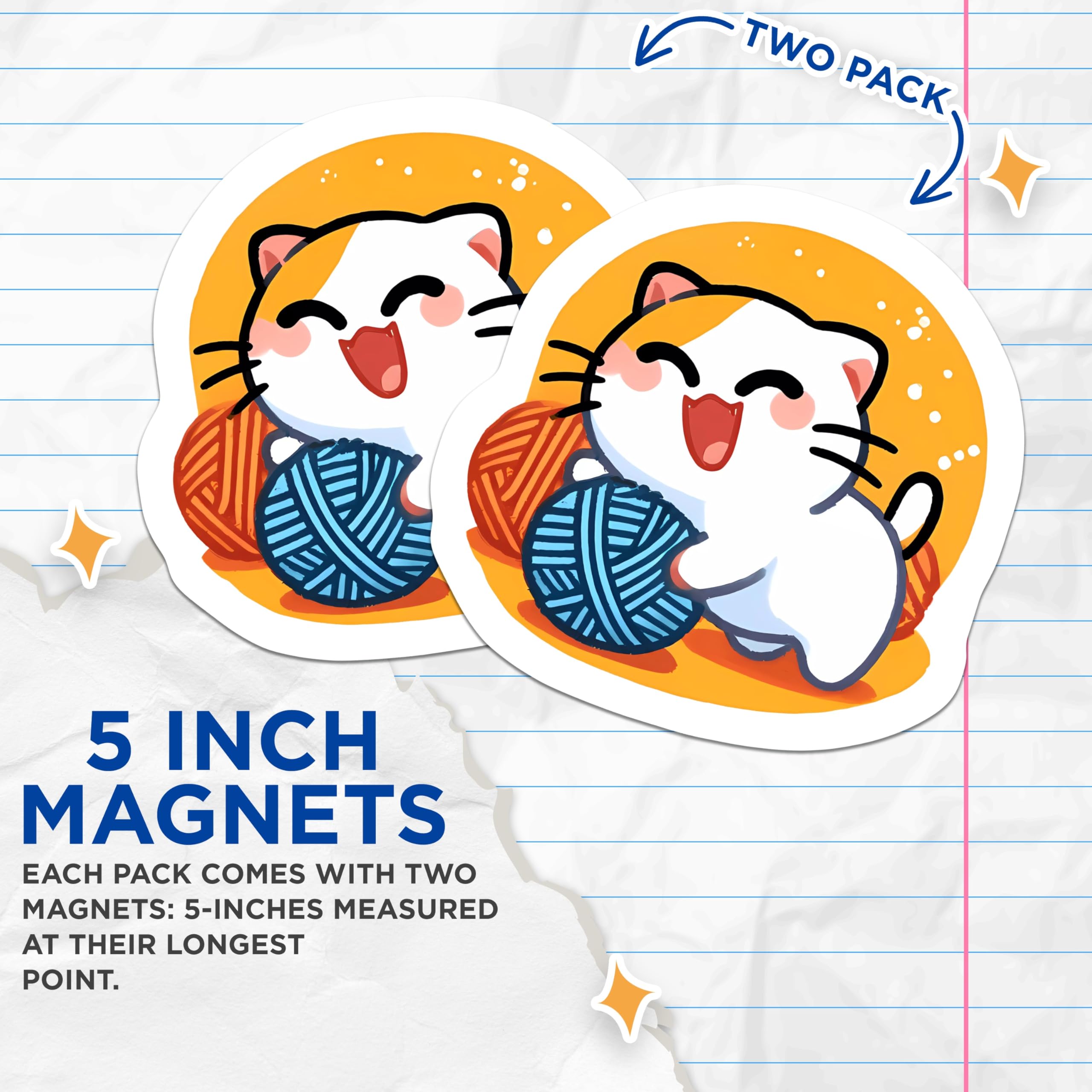 (2 Pack) Adorable Cat Magnets - Cute Kitten Yarn Play - Smiling Feline Fridge Decor - Knitting Crocheting Pet Lover - 5 Inches On Longest Side - Thick Durable Magnet - Made in USA - MAG20371