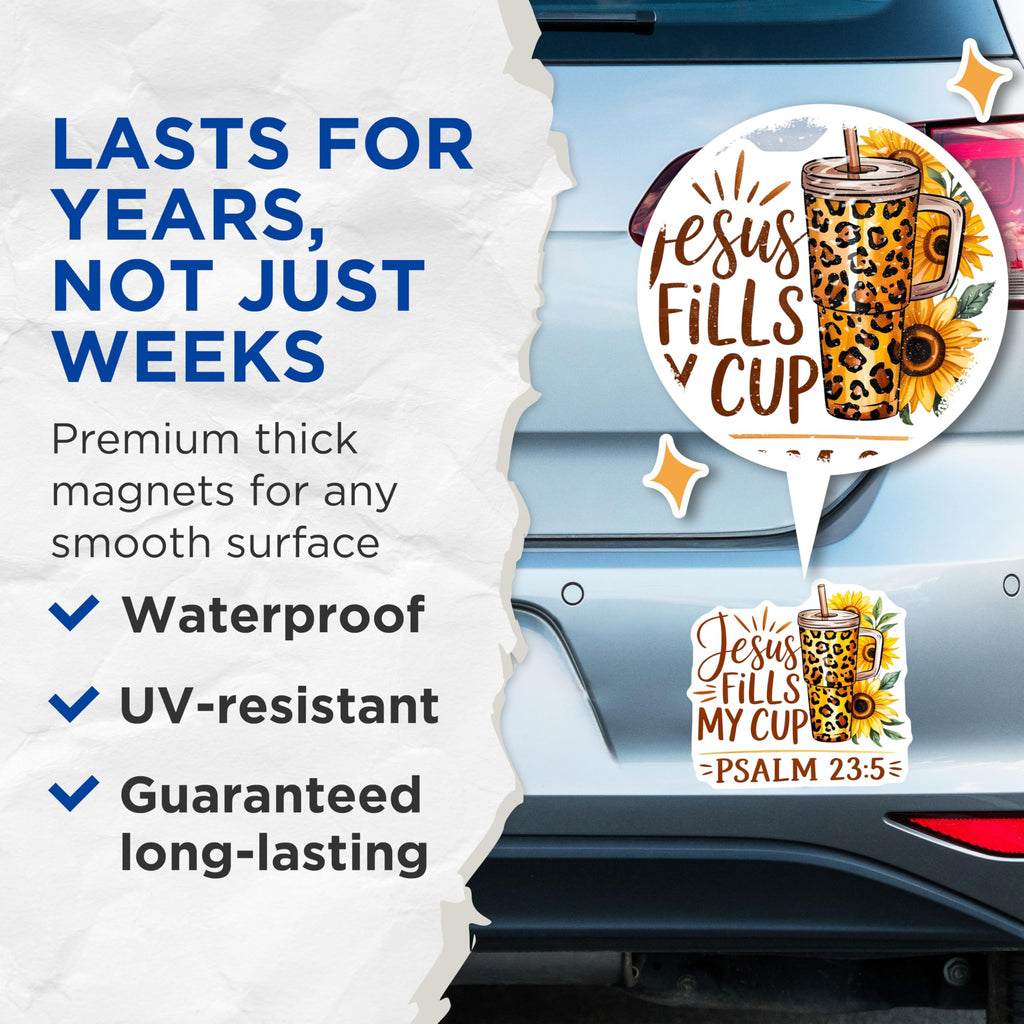 (2 Pack) Jesus Fills My Cup Magnets - Inspirational Christian Faith Decor - Psalm 23:5 Scripture Leopard Print Sunflowers Art - 5 Inches On Longest Side - Thick Durable Magnet - Made in USA - MAG23357