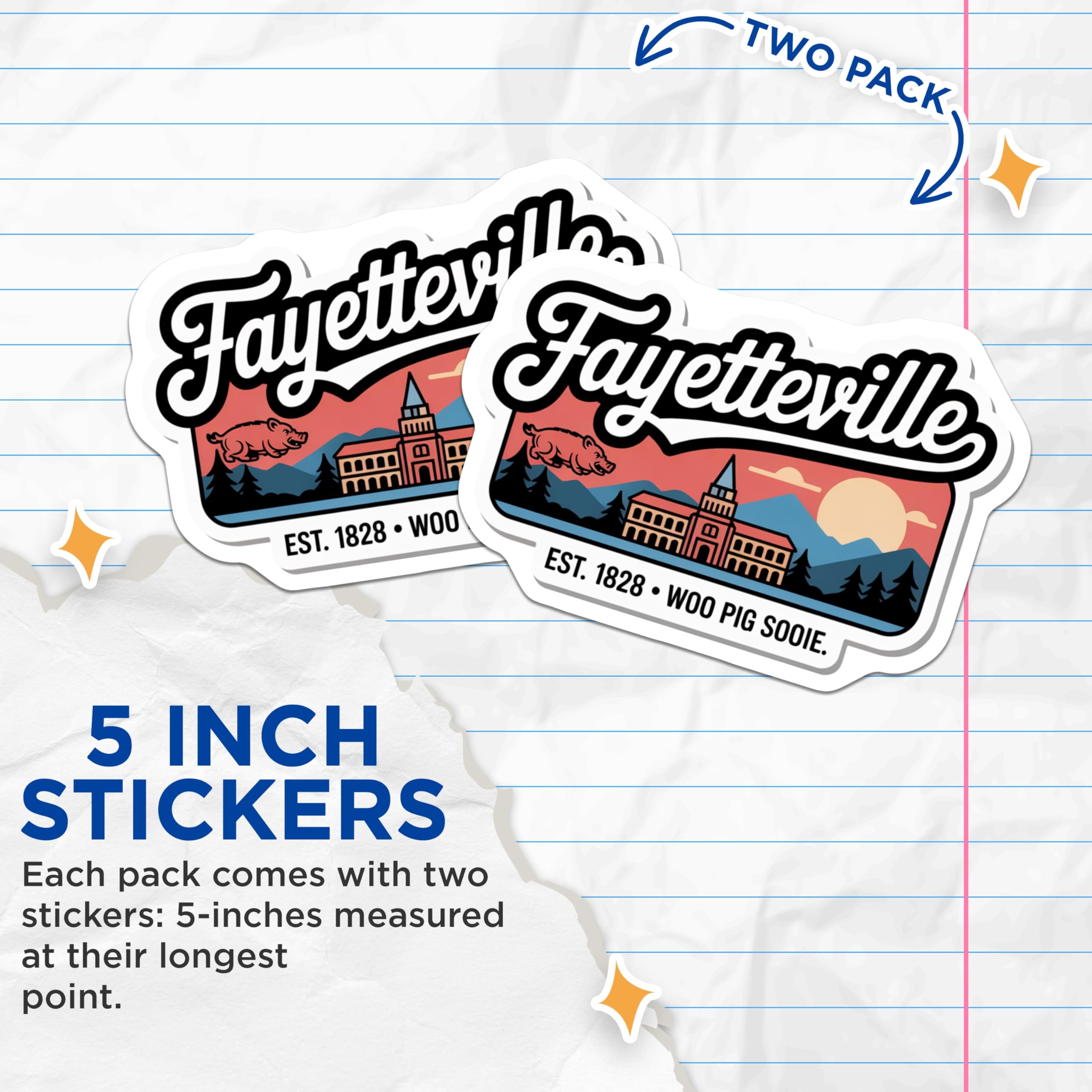 (2 Pack) Fayetteville Arkansas Stickers - Woo Pig Sooie - University of Arkansas - 5" On Longest Side - Sticks to Smooth Flat Surfaces - Made in USA - BMCS18031