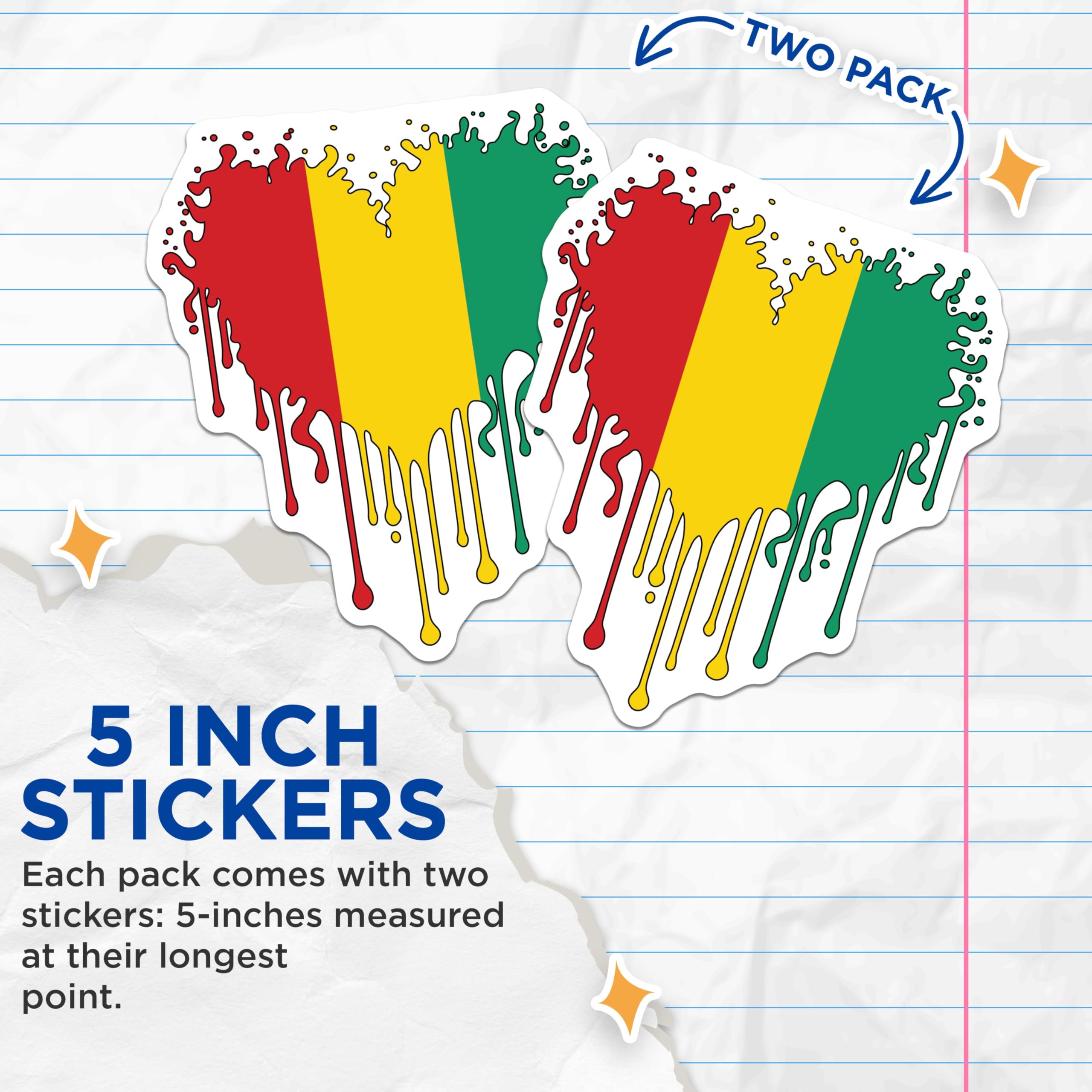 (2 Pack) Guinea Flag Stickers - Heart Shape Drip - Guinean Pride - 5" On Longest Side - Sticks to Smooth Flat Surfaces - Made in USA - BMCS17217