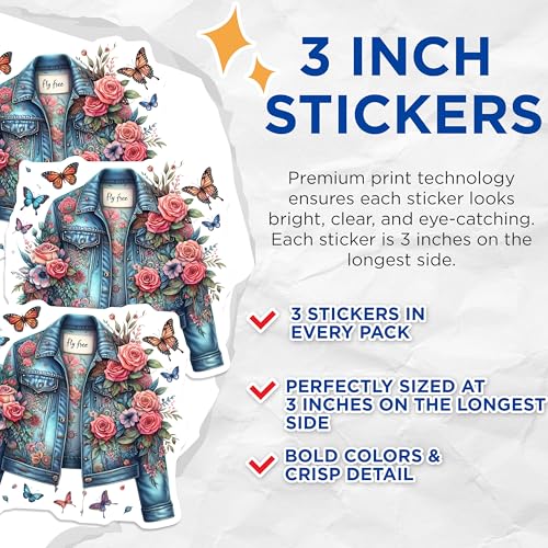 (3 Pack) Floral Jacket Decals - Butterfly Art - Laptop Decals - 3 Inches On Longest Side - Easy Peel & Apply - Made in USA - 3MCS7640