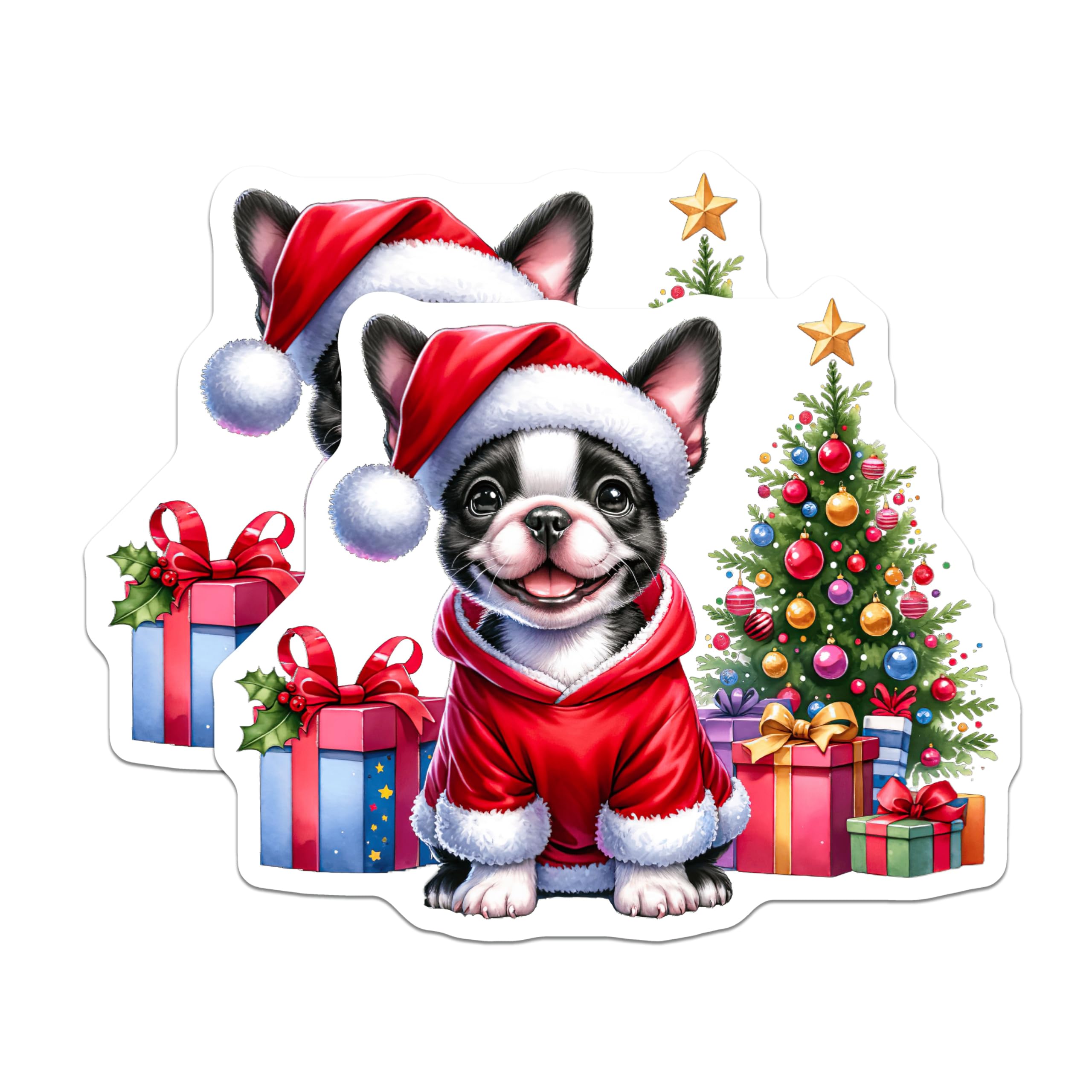(2 Pack) Christmas Boston Terrier Magnets - Santa Puppy Decor - Holiday Dog Lover Item - 5 Inches On Longest Side - Thick Durable Magnet - Made in USA - MAG25811