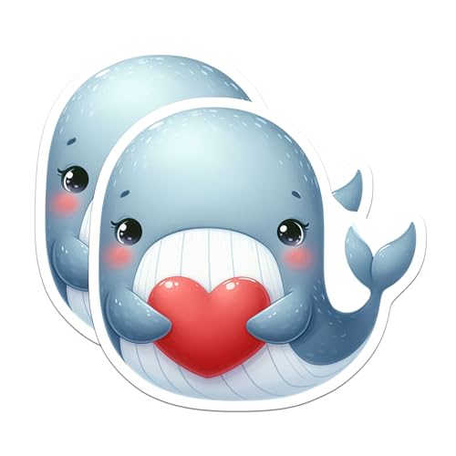 (2 Pack) Cute Whale Holding Heart Stickers - Adorable Animal Stickers - Ocean Theme Stickers for Kids and Adults - 5" On Longest Side - Sticks to Smooth Flat Surfaces - Made in USA - BMCS3639