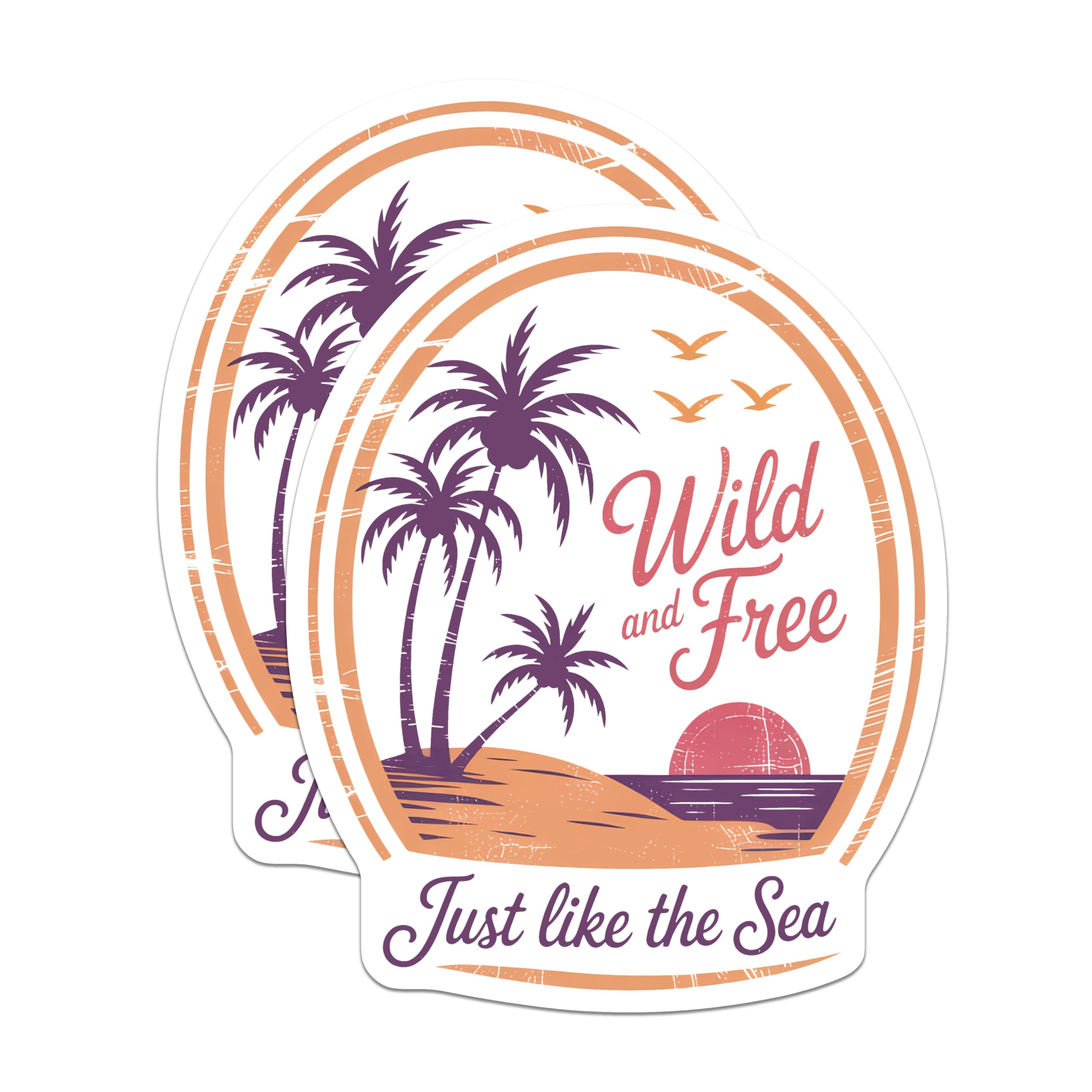 (2 Pack) Wild and Free Stickers - Beach Sunset Stickers - Sea Palm Tree Stickers - 5" On Longest Side - Sticks to Smooth Flat Surfaces - Made in USA - BMCS17557