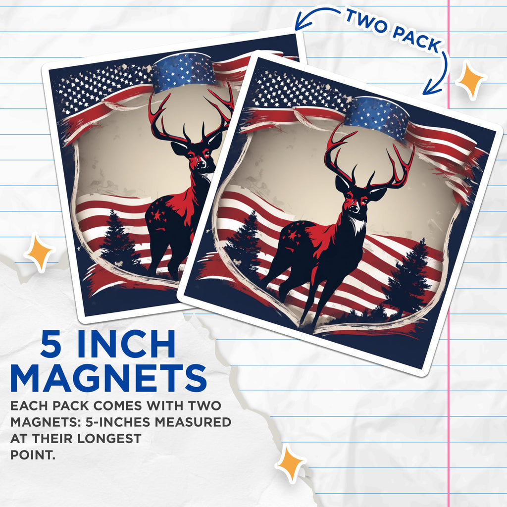 (2 Pack) American Flag Deer Magnets - Patriotic Wildlife Art - USA Hunting Decor - 5 Inches On Longest Side - Thick Durable Magnet - Made in USA - MAG19937