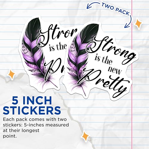 (2 Pack) Inspirational Motivation Stickers - Strong is The New Pretty - Uplifting Quote - Purple Feather - 5" On Longest Side - Sticks to Smooth Flat Surfaces - Made in USA - BMCS7544