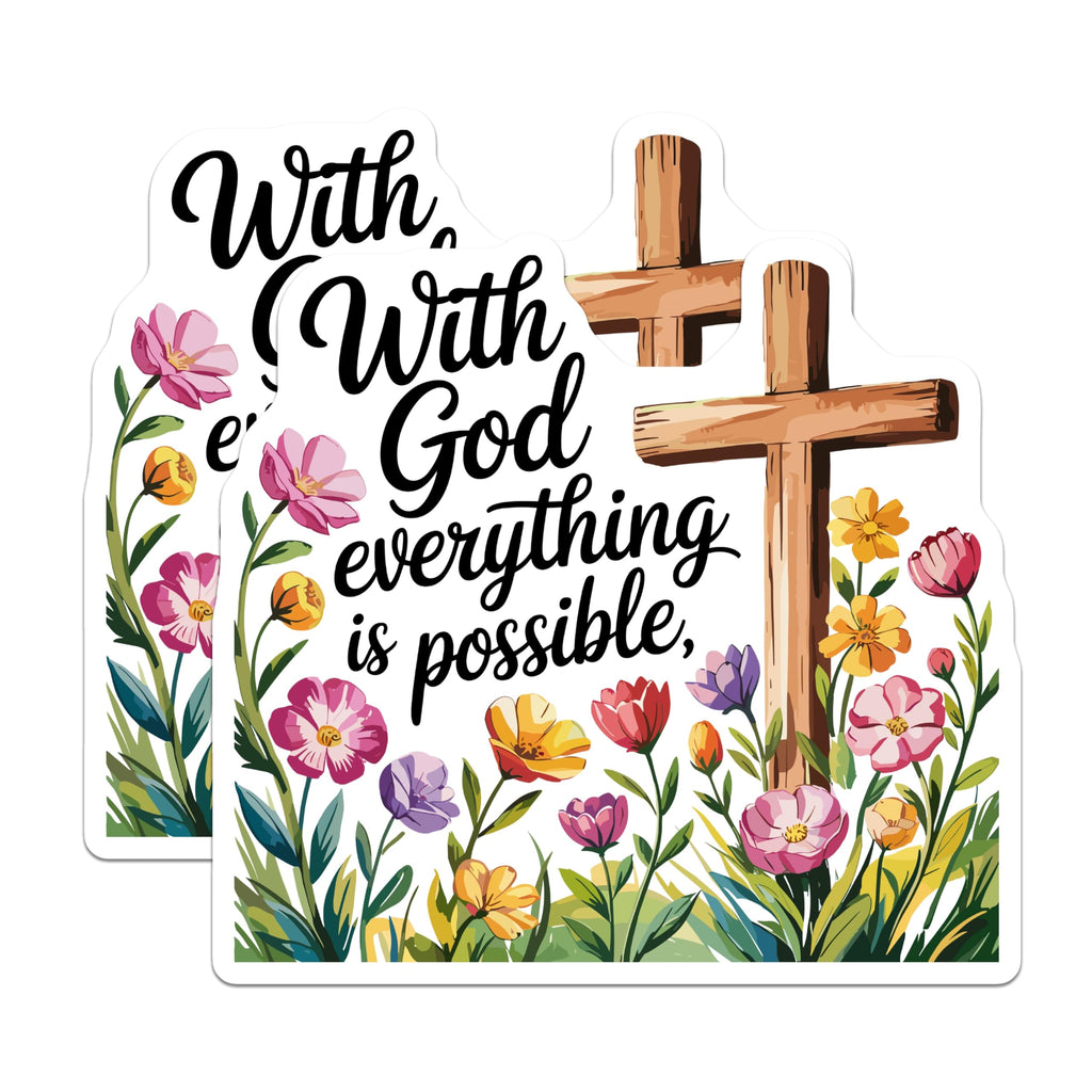 (2 Pack) with God Everything is Possible Magnets - Christian Cross Floral Decor - Faith Inspiration Scripture Art - 5 Inches On Longest Side - Thick Durable Magnet - Made in USA - MAG20042