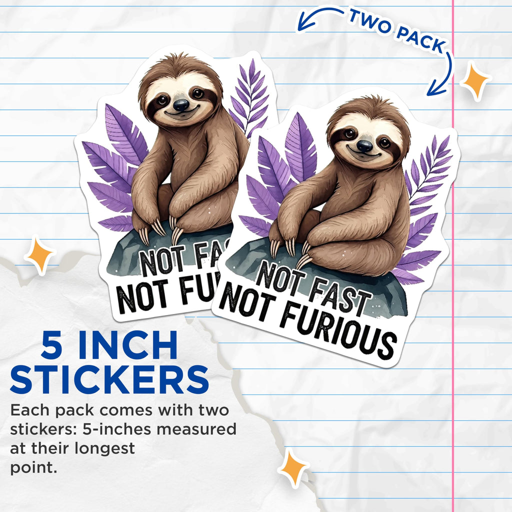 (2 Pack) Not Fast Not Furious Sloth Stickers - Cute Animal Stickers - Fun Inspirational Quote - 5" On Longest Side - Sticks to Smooth Flat Surfaces - Made in USA - BMCS4151