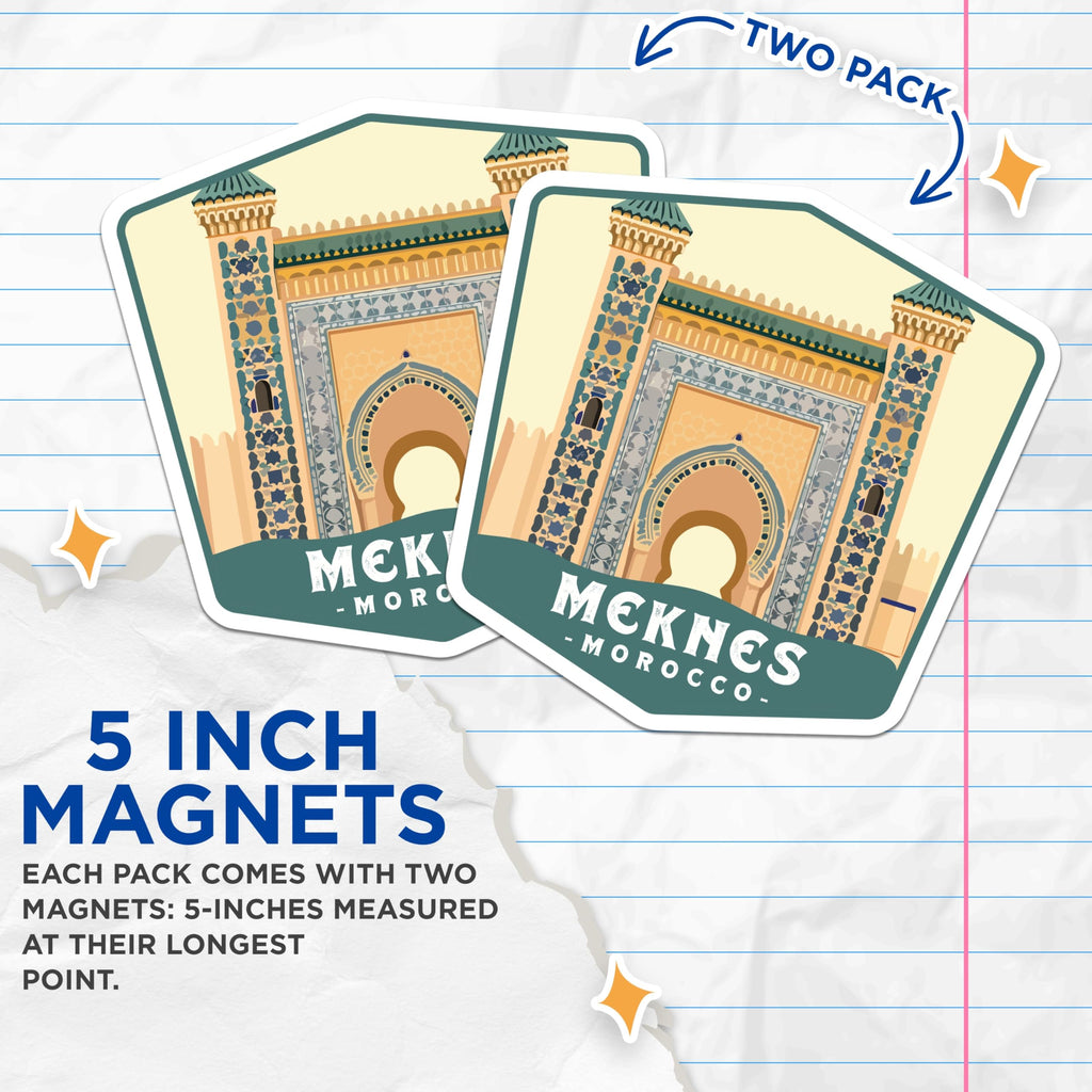 (2 Pack) Meknes Morocco Magnets - Moroccan Architecture - Travel Souvenirs - 5 Inches On Longest Side - Thick Durable Magnet - Made in USA - MAG19872