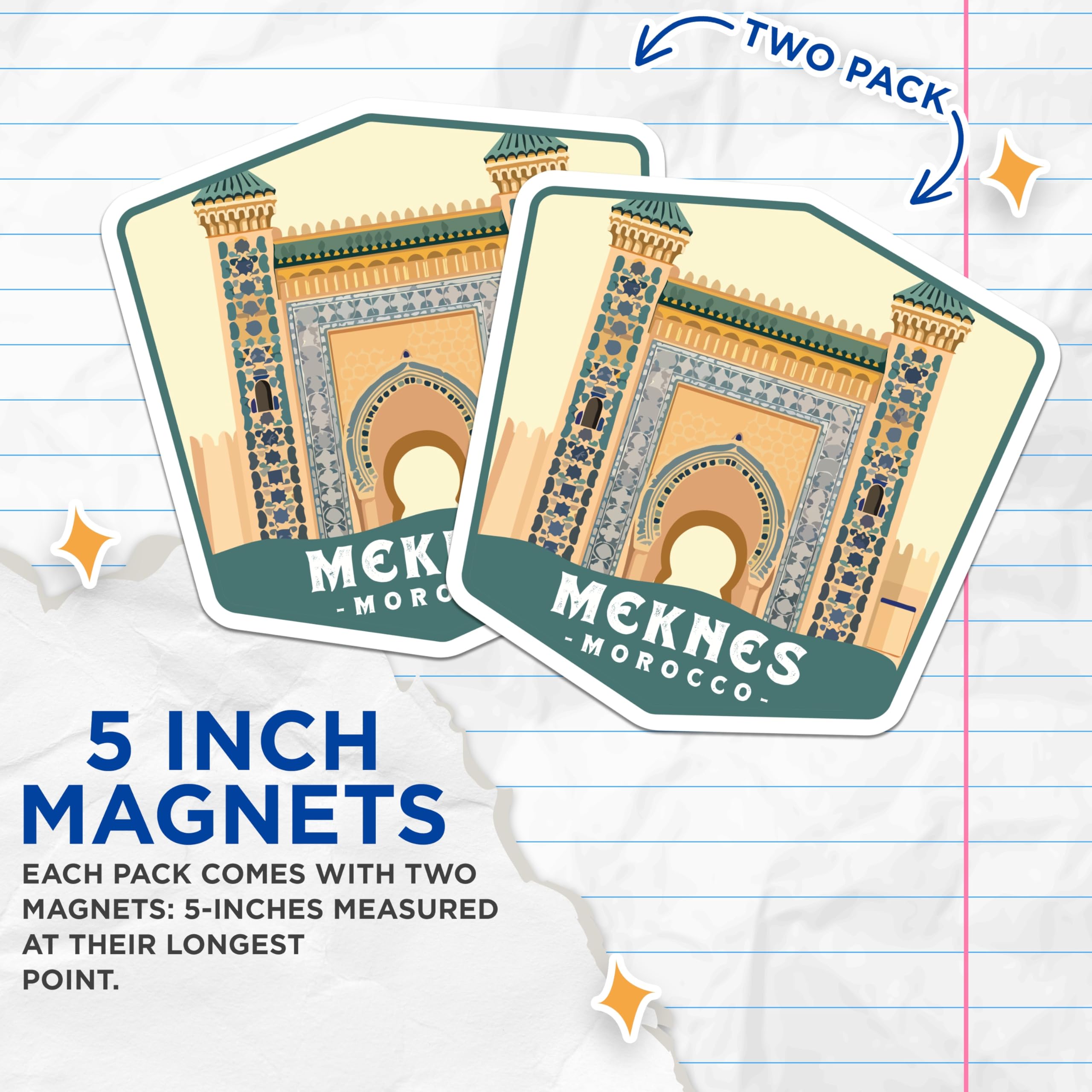 (2 Pack) Meknes Morocco Magnets - Moroccan Architecture - Travel Souvenirs - 5 Inches On Longest Side - Thick Durable Magnet - Made in USA - MAG19872