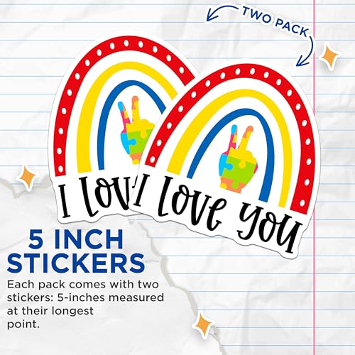 (2 Pack) I Love You Stickers - Colorful Rainbow Stickers - Peace Sign Stickers - 5" On Longest Side - Sticks to Smooth Flat Surfaces - Made in USA - BMCS4276