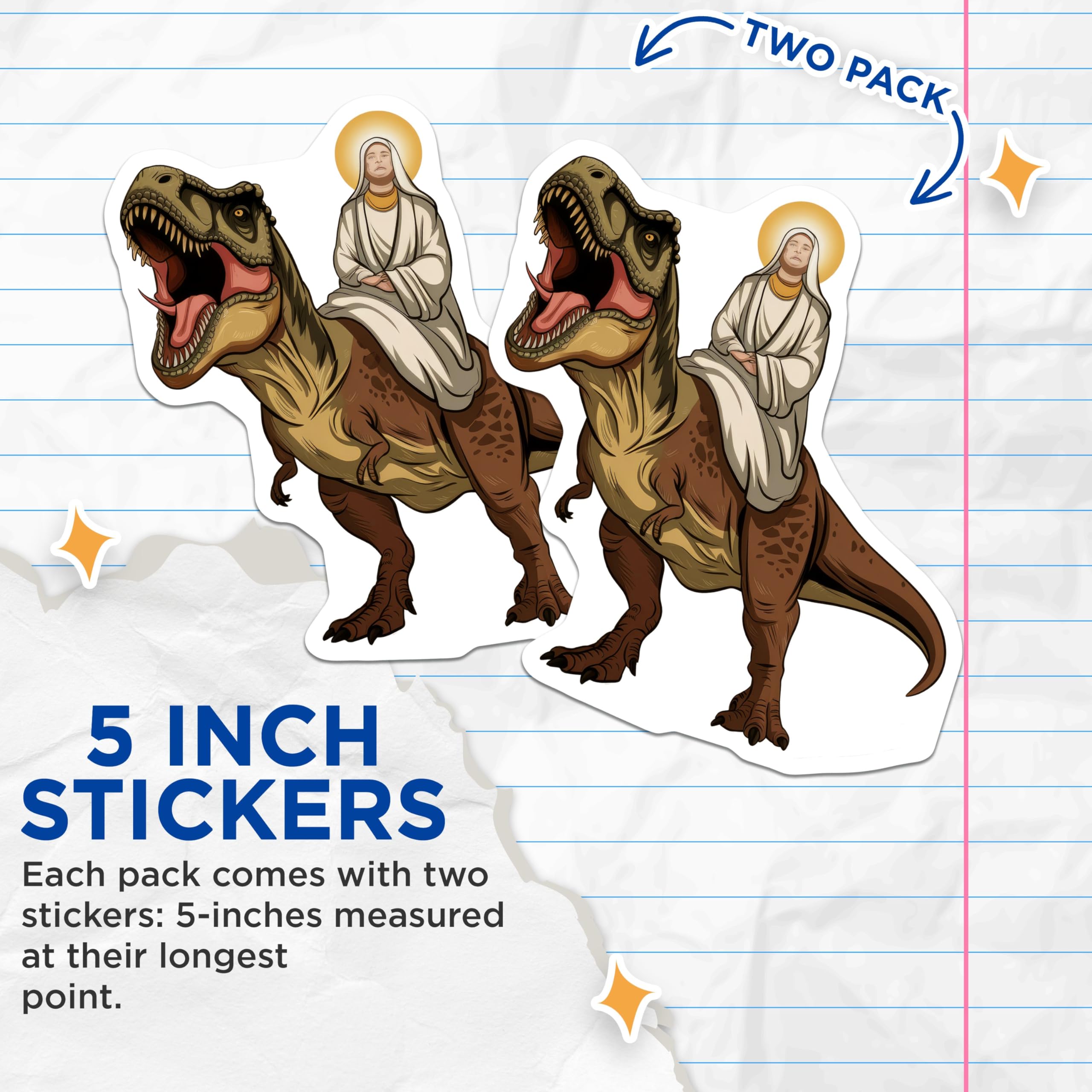 (2 Pack) Dinosaur Riding Nun Stickers - Funny Religious - Unique Vinyl Decal - 5" On Longest Side - Sticks to Smooth Flat Surfaces - Made in USA - BMCS9561