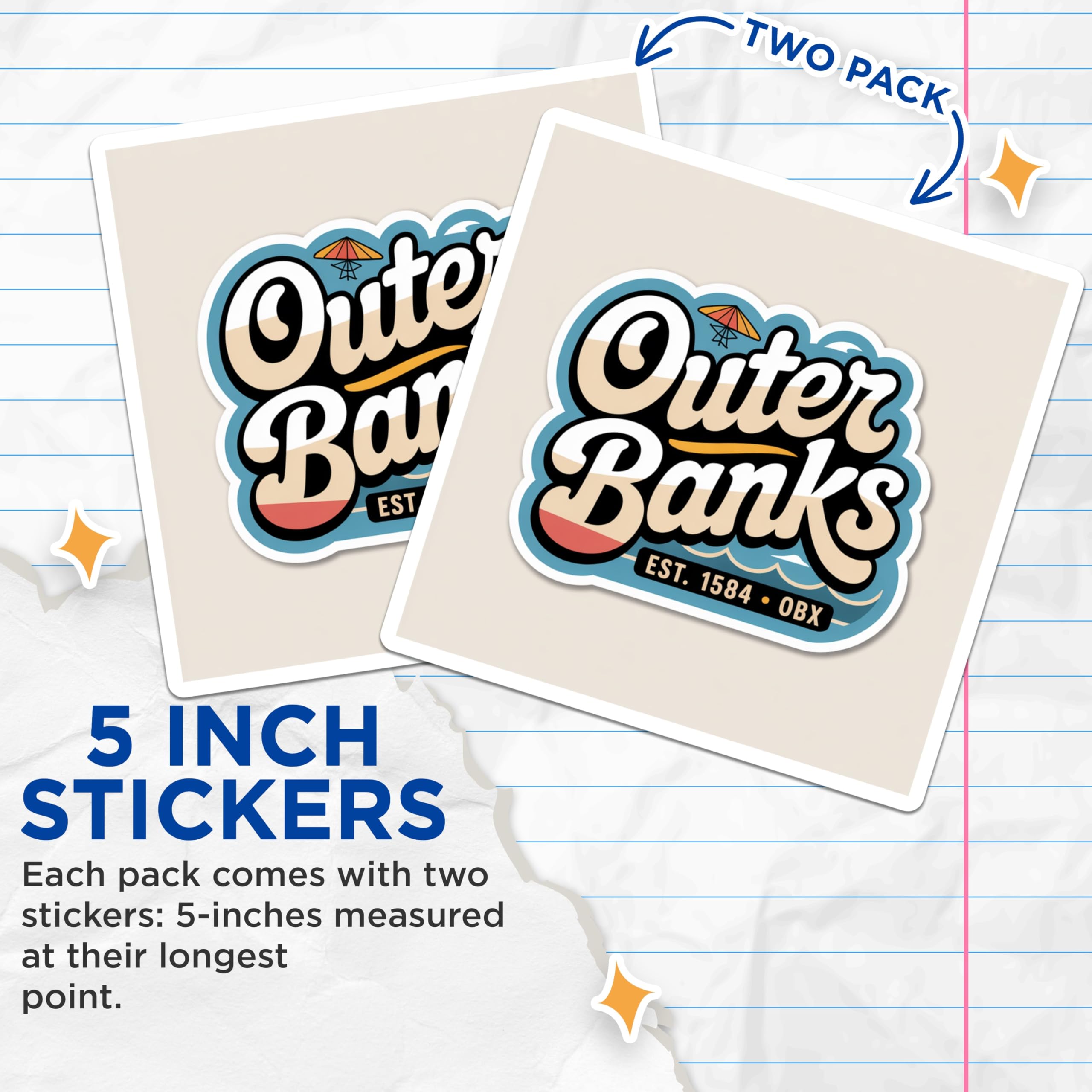 (2 Pack) Outer Banks Stickers - OBX Beach Vacation - North Carolina Souvenir - 5" On Longest Side - Sticks to Smooth Flat Surfaces - Made in USA - BMCS18249