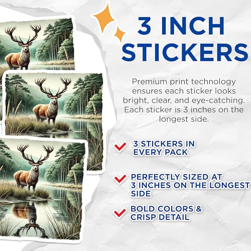 (3 Pack) Majestic Deer Decals - Wildlife Scene - Laptop Decor - 3 Inches On Longest Side - Easy Peel & Apply - Made in USA - 3MCS4782